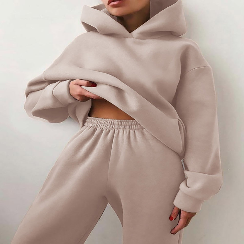 Women Tracksuit Casual Fitness Hooded Long Sleeve Sport Suit Autumn Winter Warm Hoodie Sweatshirts Long Pant Fleece 2 Piece Sets